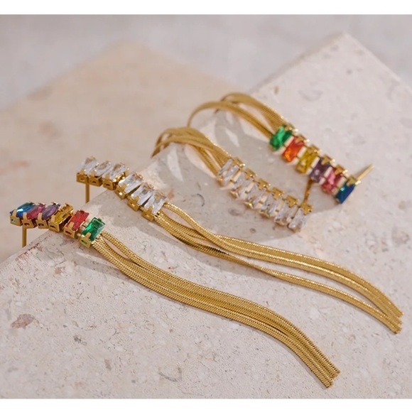 Cubic Zirconia Gold Plated Long Tassel Drop Dangle Hanging Earrings New - Picture 6 of 7